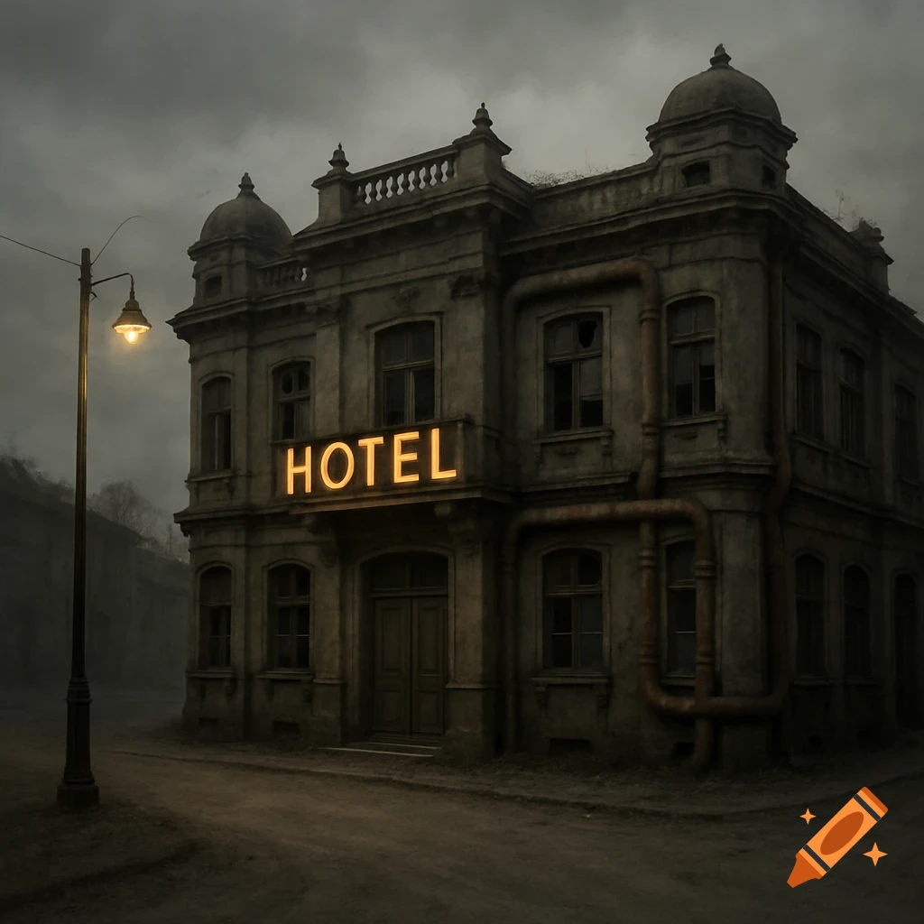 A dilapidated, gray building with a glowing "HOTEL" neon sign, lit by a streetlamp on a dark, foggy road, conveying a desolate atmosphere.