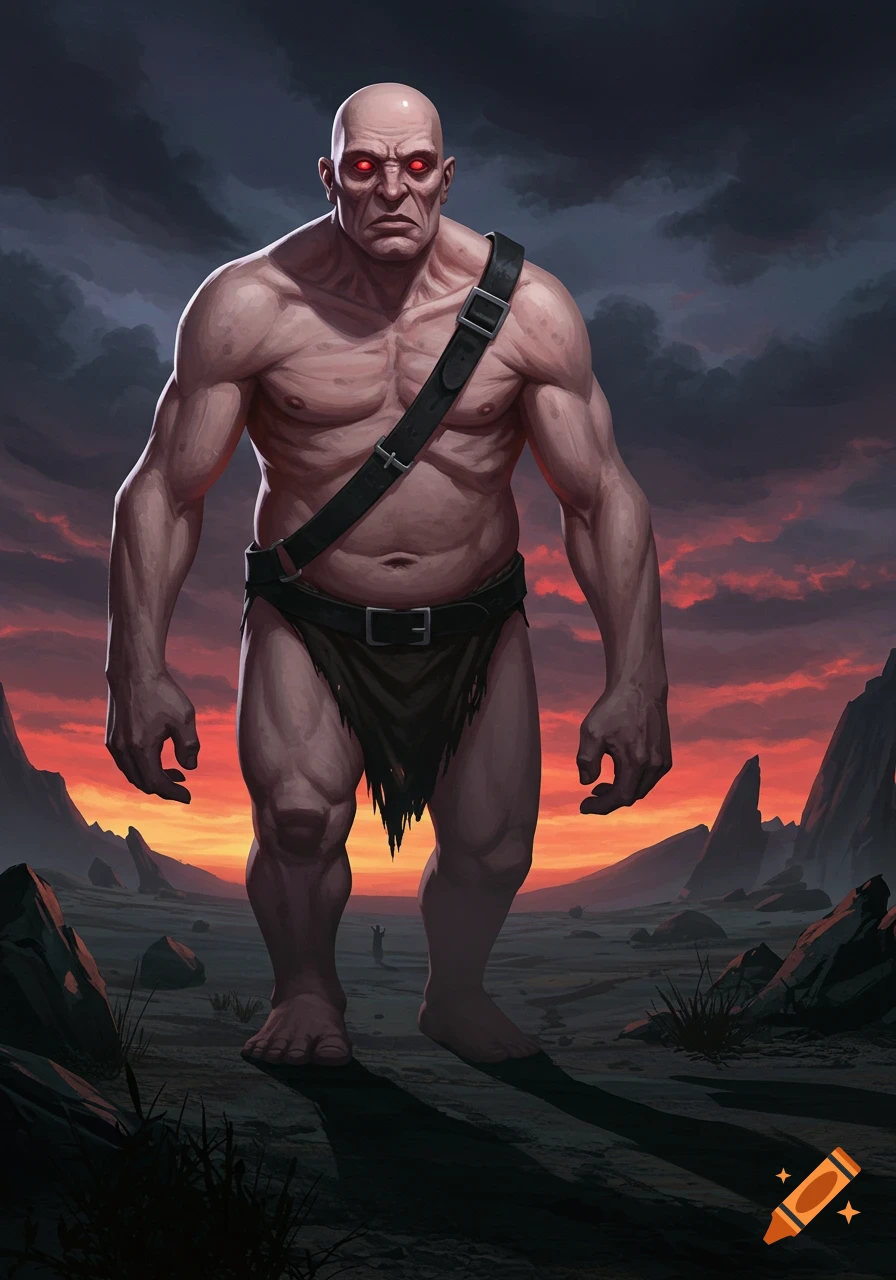 A muscular, bald giant with glowing red eyes stands in a desolate, rocky landscape under a dramatic red and dark sky.
