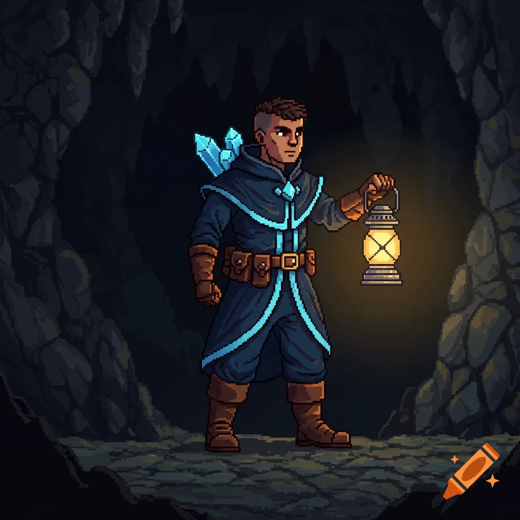 Pixel art of an underground explorer in a dark blue cloak with glowing crystals, holding a lit lantern in a cave.