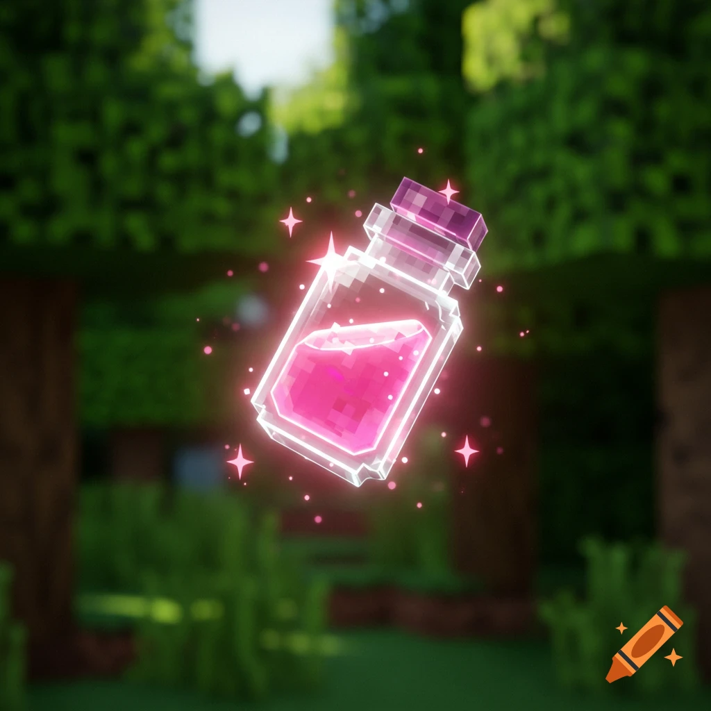 A glowing, pixelated pink potion with sparkling particles, floating in a blurry Minecraft-style forest background.