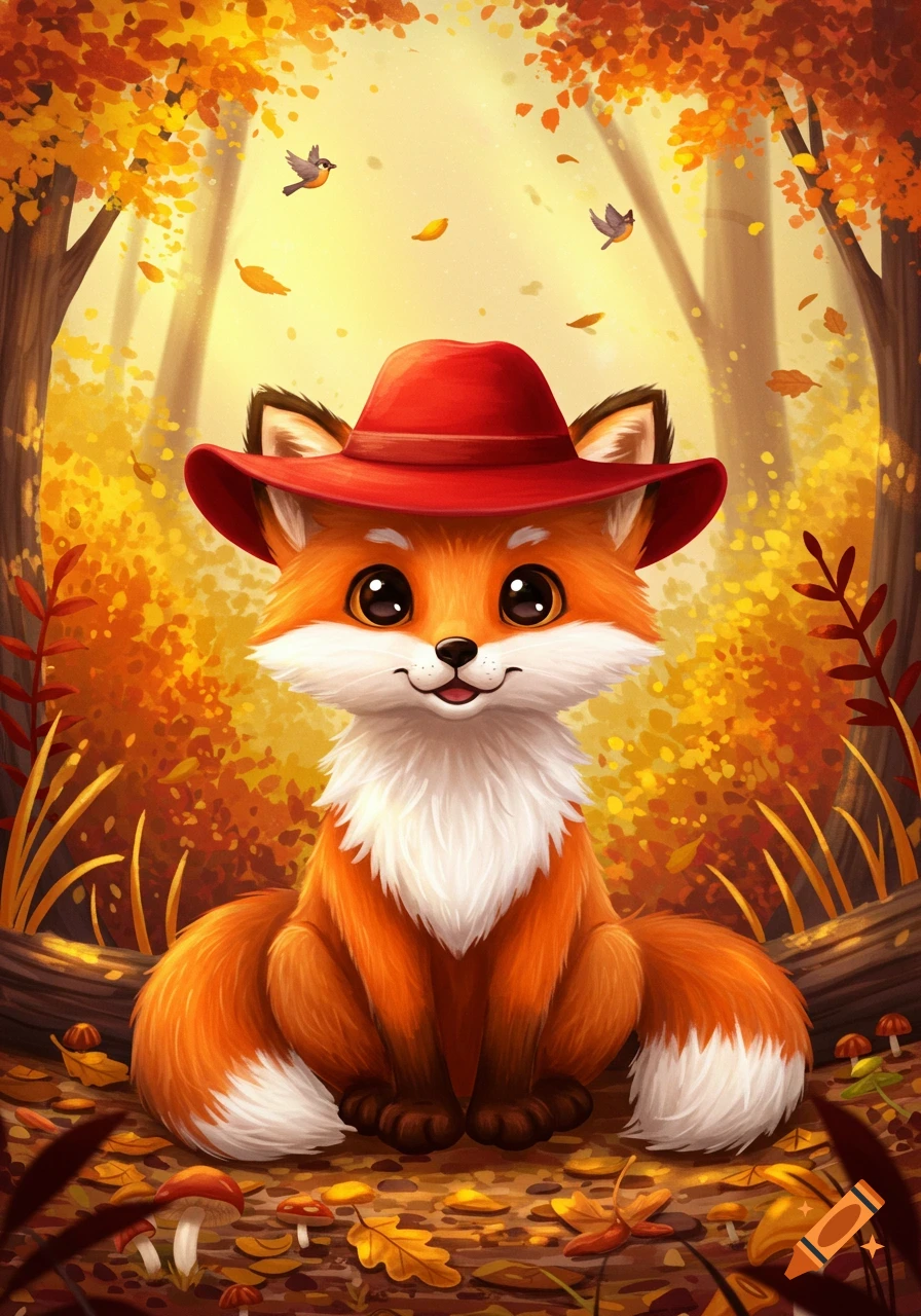 Cute cartoon fox in a red hat sitting in an autumn forest with falling leaves and small mushrooms.
