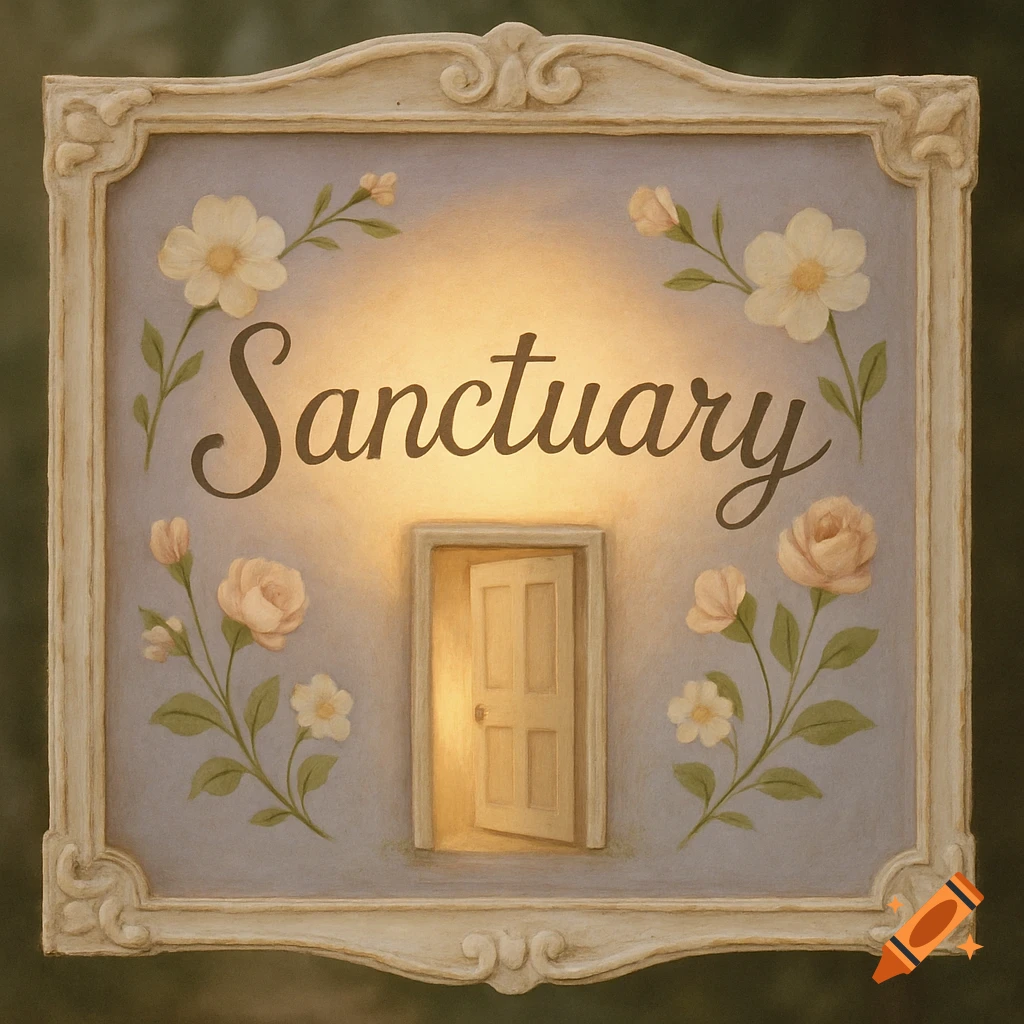 A decorative sign with a cream-colored frame, light purple background, painted flowers, the word 'Sanctuary' glowing, and a tiny open door.