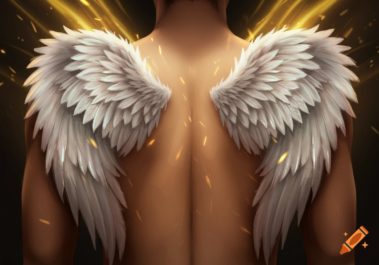 A person's bare back with large white feathered angel wings and golden light around the shoulders, artistic rendering.