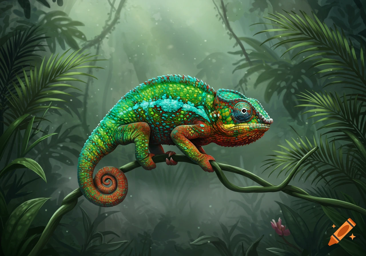 A vibrant, colorful chameleon in shades of green, blue, red, and yellow perches on a branch in a lush tropical jungle.