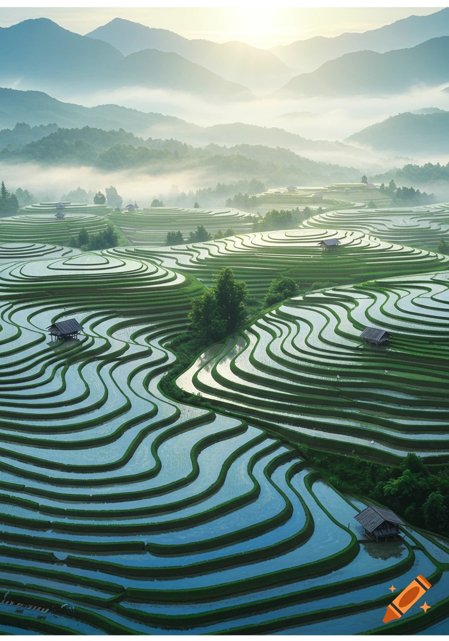 Lush green rice terraces filled with water, winding through misty mountains with small huts under a bright morning sky, photorealistic style.