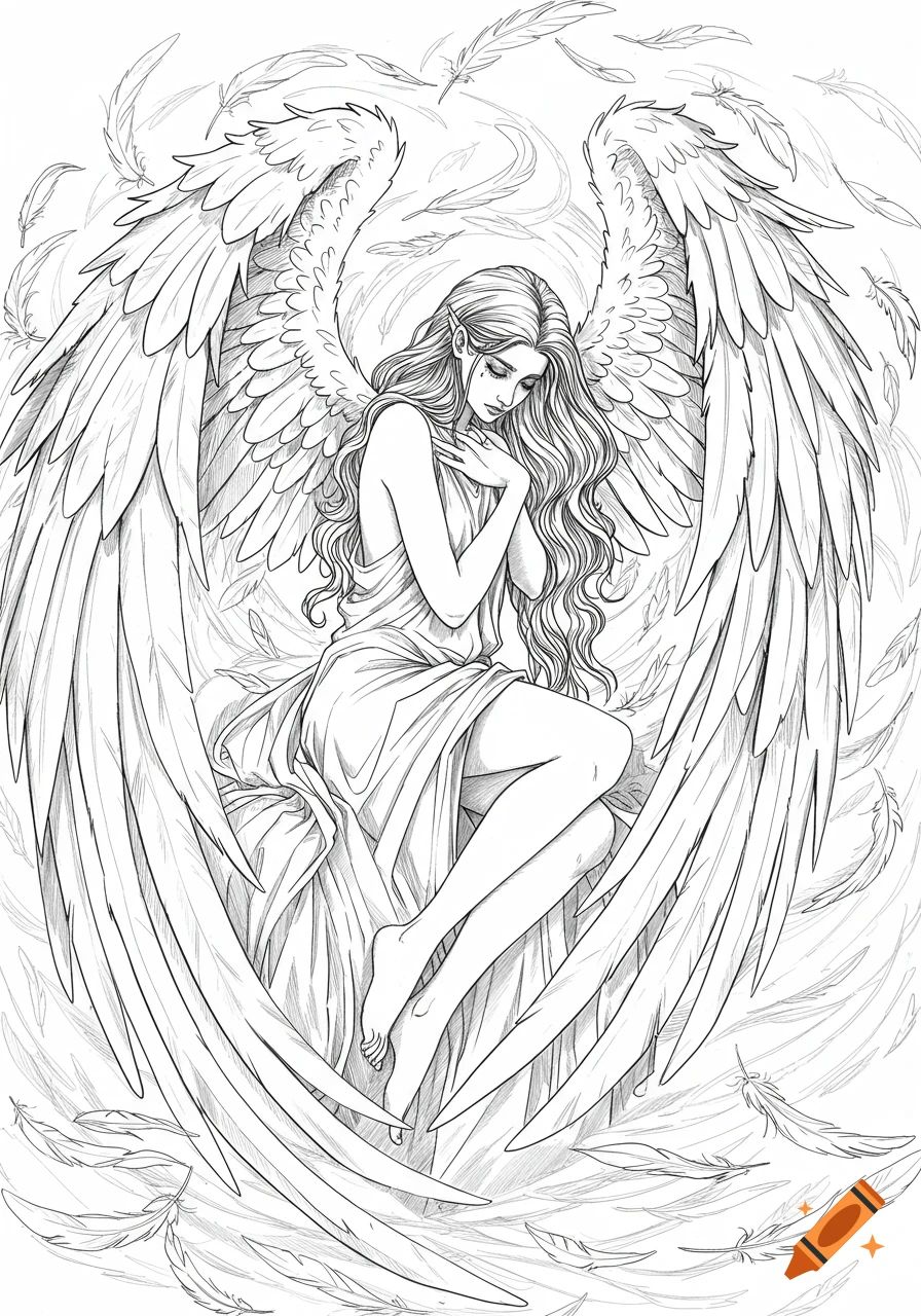A line art drawing of a female angel with large wings, sitting with her head bowed and hands clasped, surrounded by falling feathers.