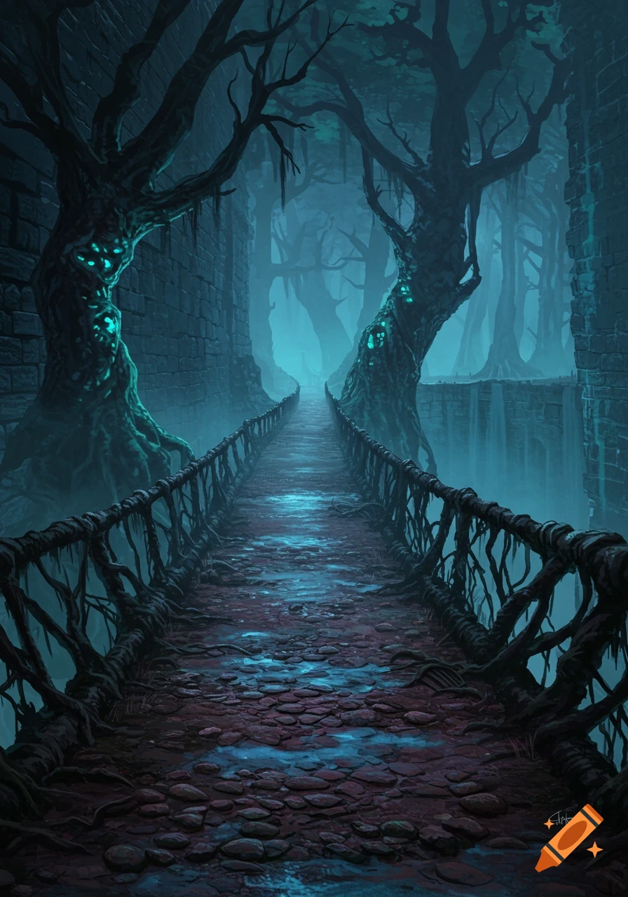 A dark, misty fantasy path stretches through a gnarled, glowing tree forest with ancient stone walls.