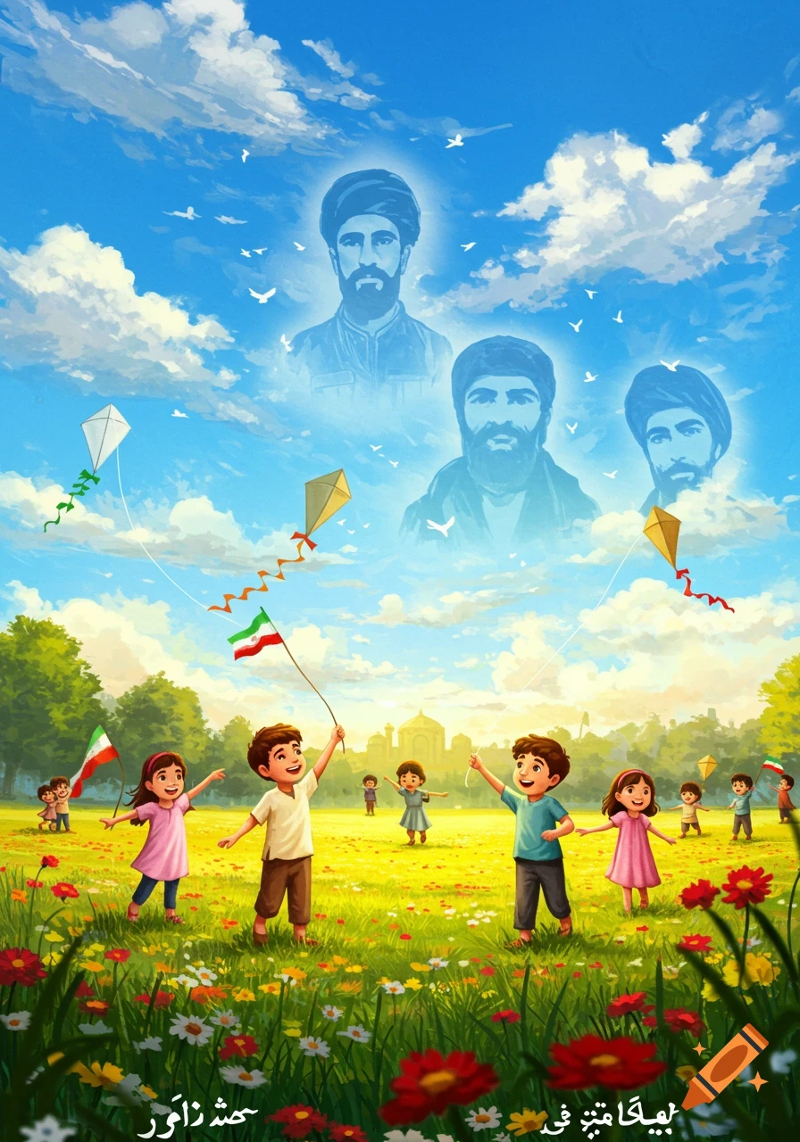 Vibrant illustration of children flying kites with Iranian flags in a sunny field, with spectral portraits of bearded men in the sky.