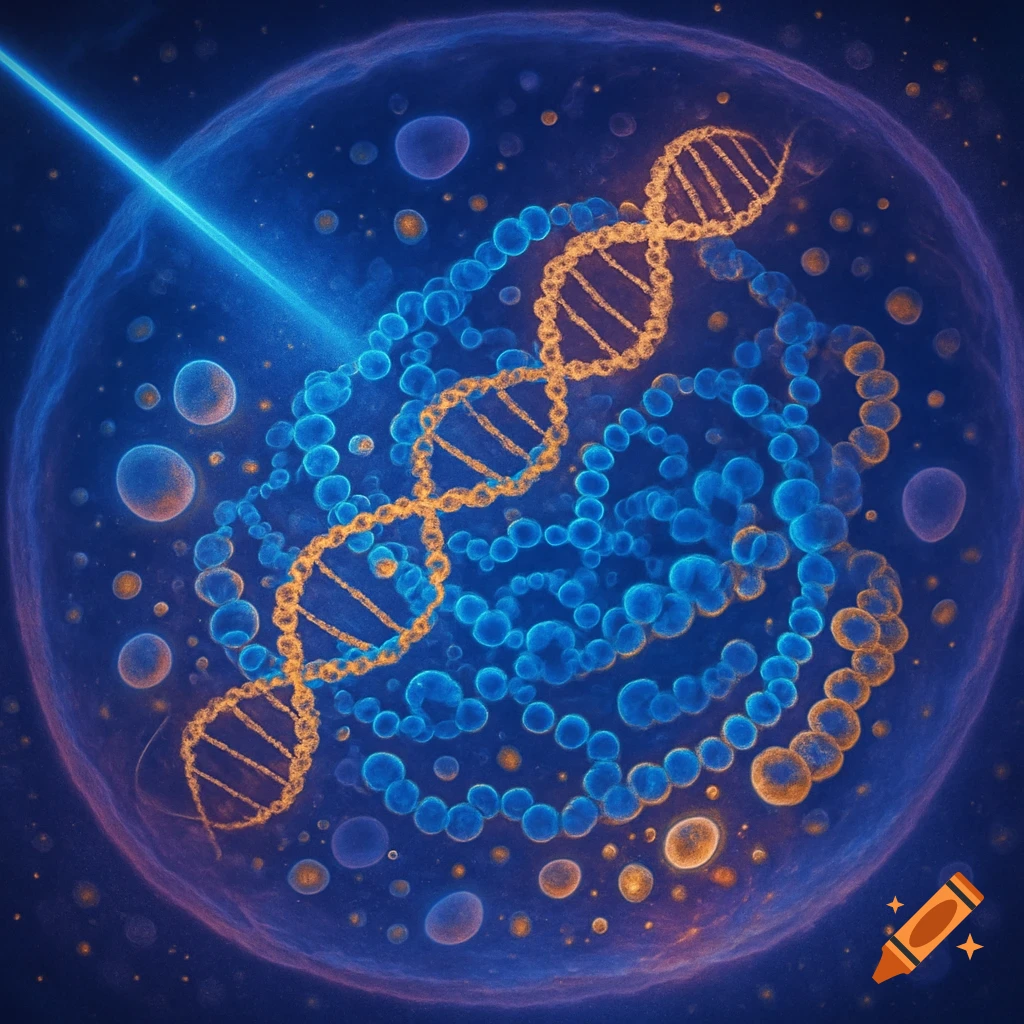 An abstract microscopic view of a glowing orange DNA helix within a blue cell, surrounded by various cellular structures, with a bright blue laser beam entering from the top left.