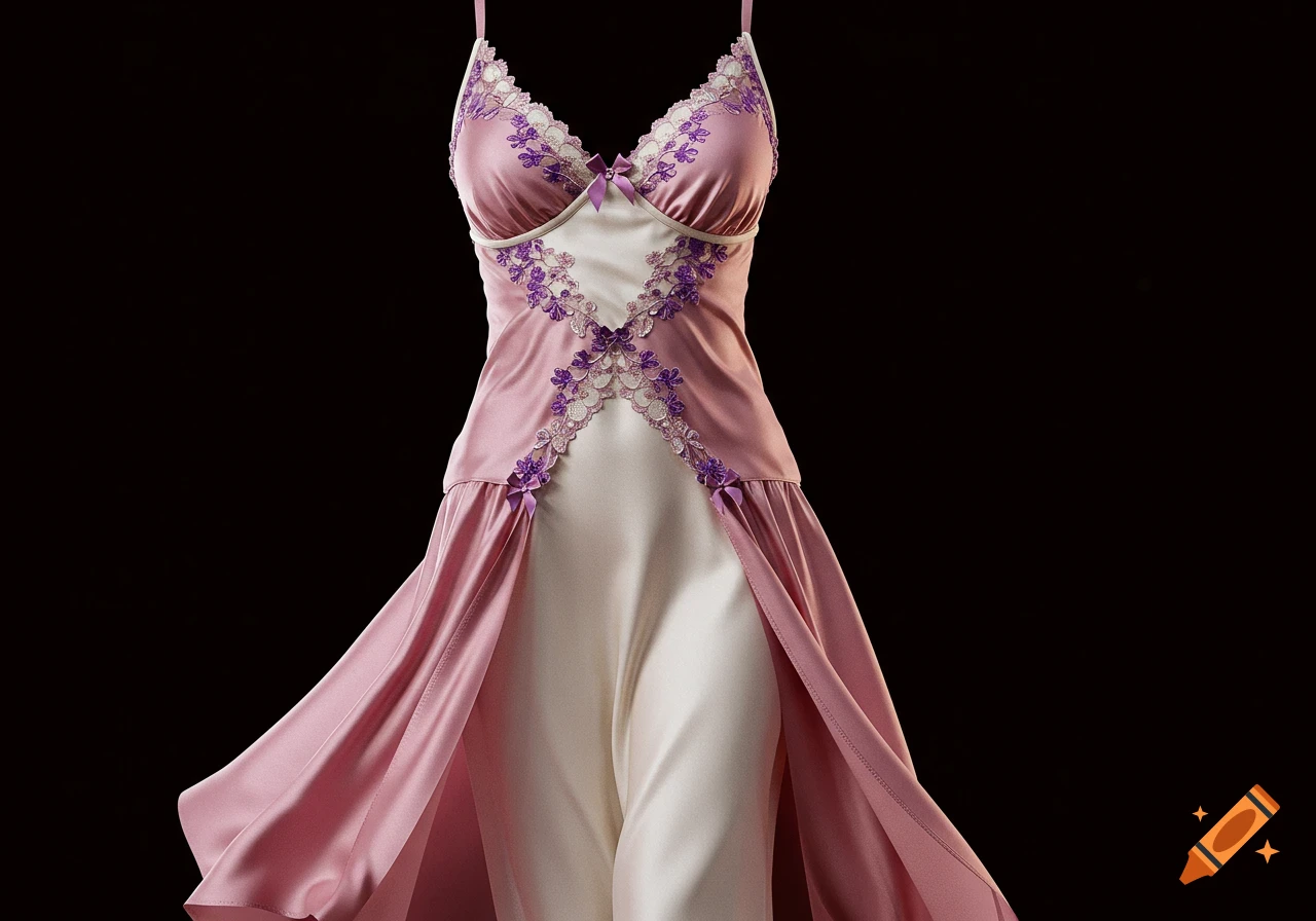 A luxurious pink and ivory satin lingerie dress with delicate purple floral embroidery, photographed against a dark background.
