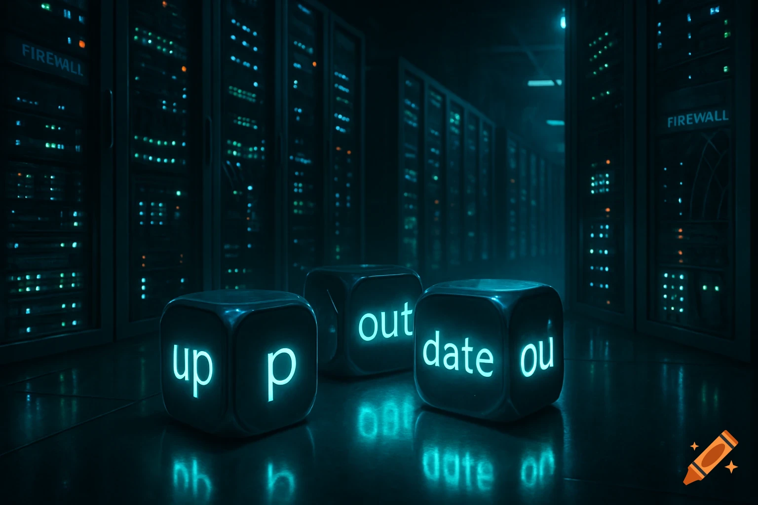 A dark, futuristic data center with rows of glowing server racks. Three glowing dice on the floor spell out fragmented words like "up," "p," "out," "date," and "ou."