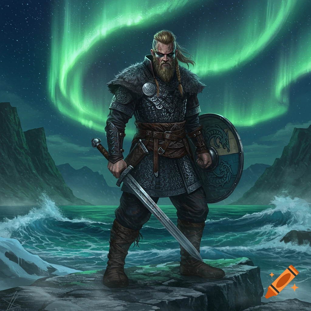 A muscular Viking warrior with a beard and braided hair stands on a rock by a rough sea under a green aurora, holding a sword and shield.