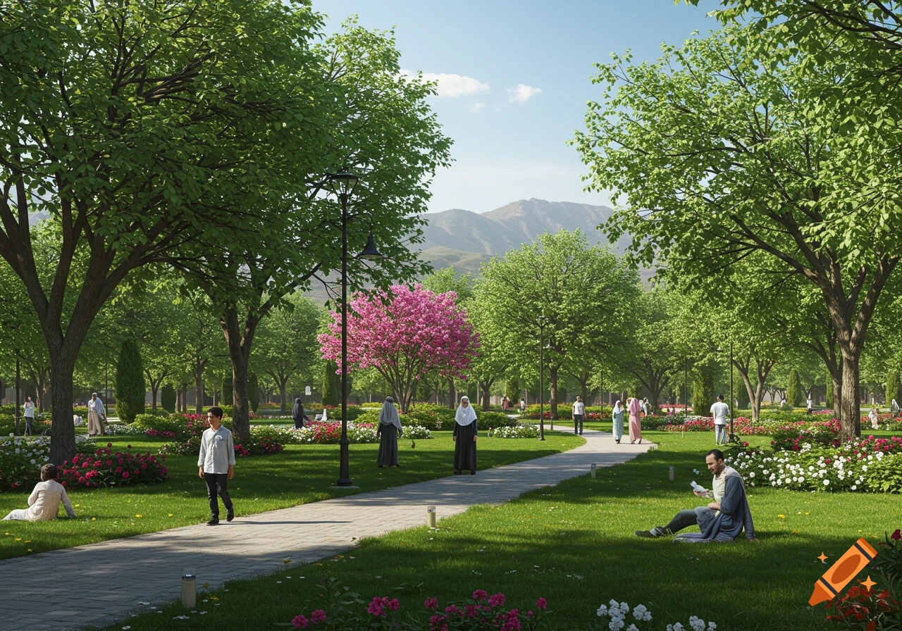 A photorealistic sunny park scene with green trees, colorful flowers, walking paths, people strolling, and mountains.