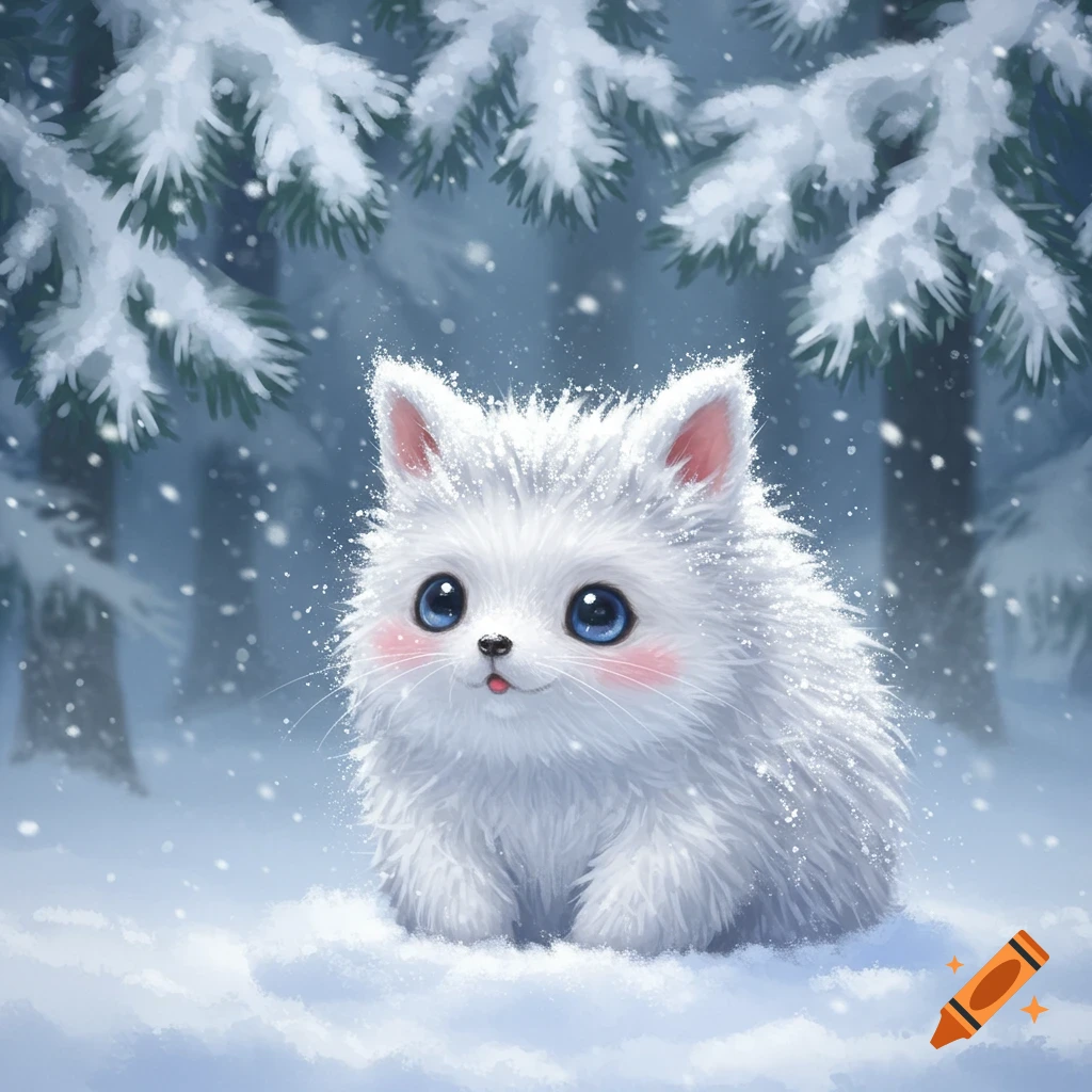 A fluffy white creature with big blue eyes and pink cheeks sits in deep snow under snowy pine trees, with snow falling.