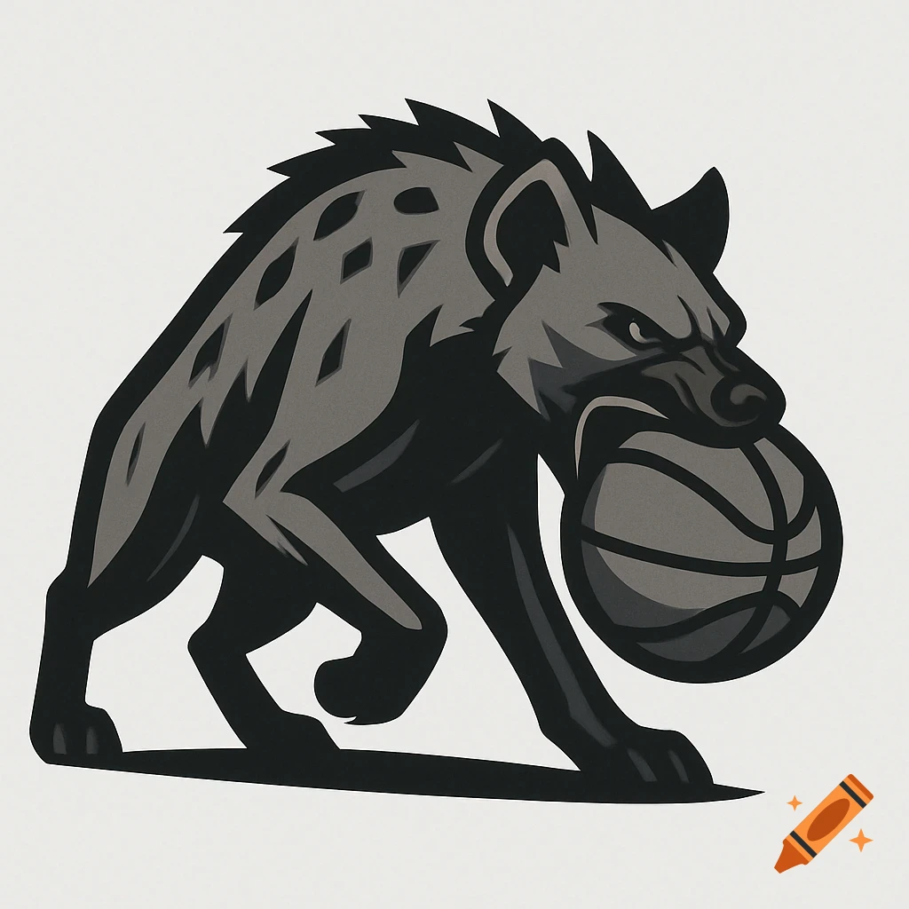 A monochromatic logo of a fierce hyena walking with a basketball in its mouth, on a white background.