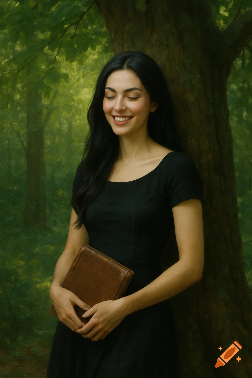 A smiling woman with long black hair, wearing a black dress, holds a book while leaning against a tree in a lush green forest.