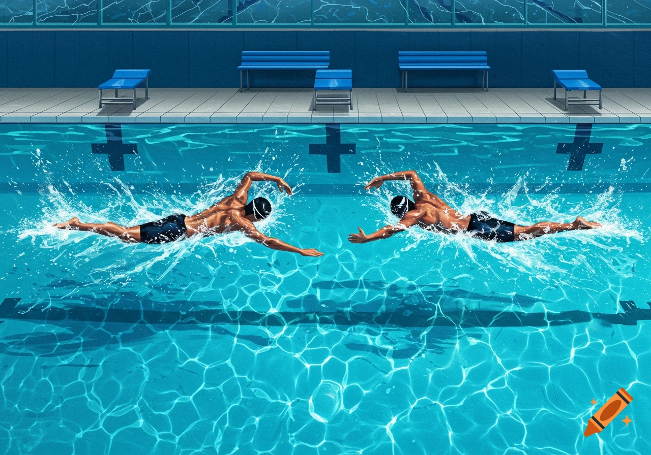 Two male swimmers in a pool, facing each other while doing the freestyle stroke, surrounded by water splashes. Illustrated style.