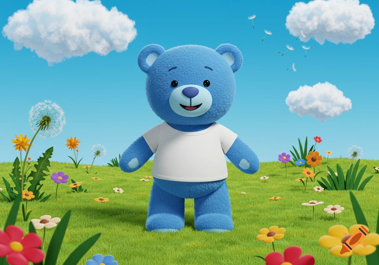 A cheerful cartoon blue teddy bear in a white t-shirt stands in a sunny green field with colorful flowers under a blue sky.