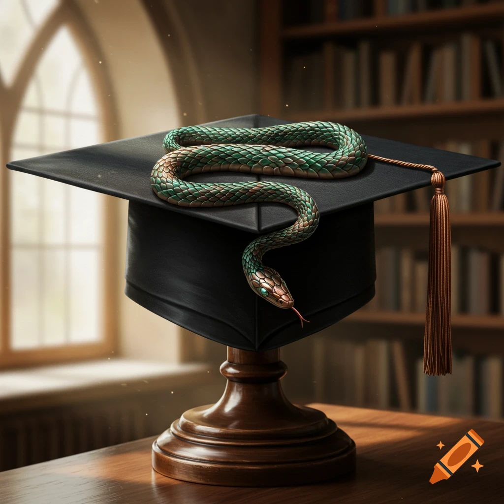 A photorealistic green and brown snake coiled on a black graduation cap, sitting on a wooden stand in a sunlit library.