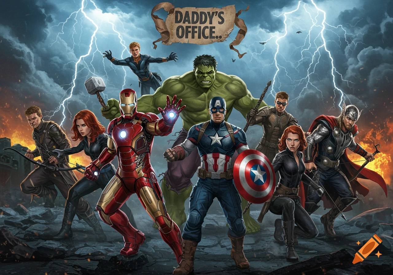 A comic illustration of the Avengers superheroes in a stormy landscape with lightning, 'DADDY'S OFFICE..' on a banner.