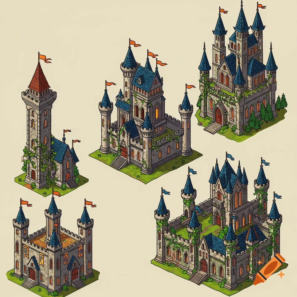 Five isometric pixel art castles of different sizes, resembling game sprites, featuring blue roofs, stone walls, and green vines on a light background.
