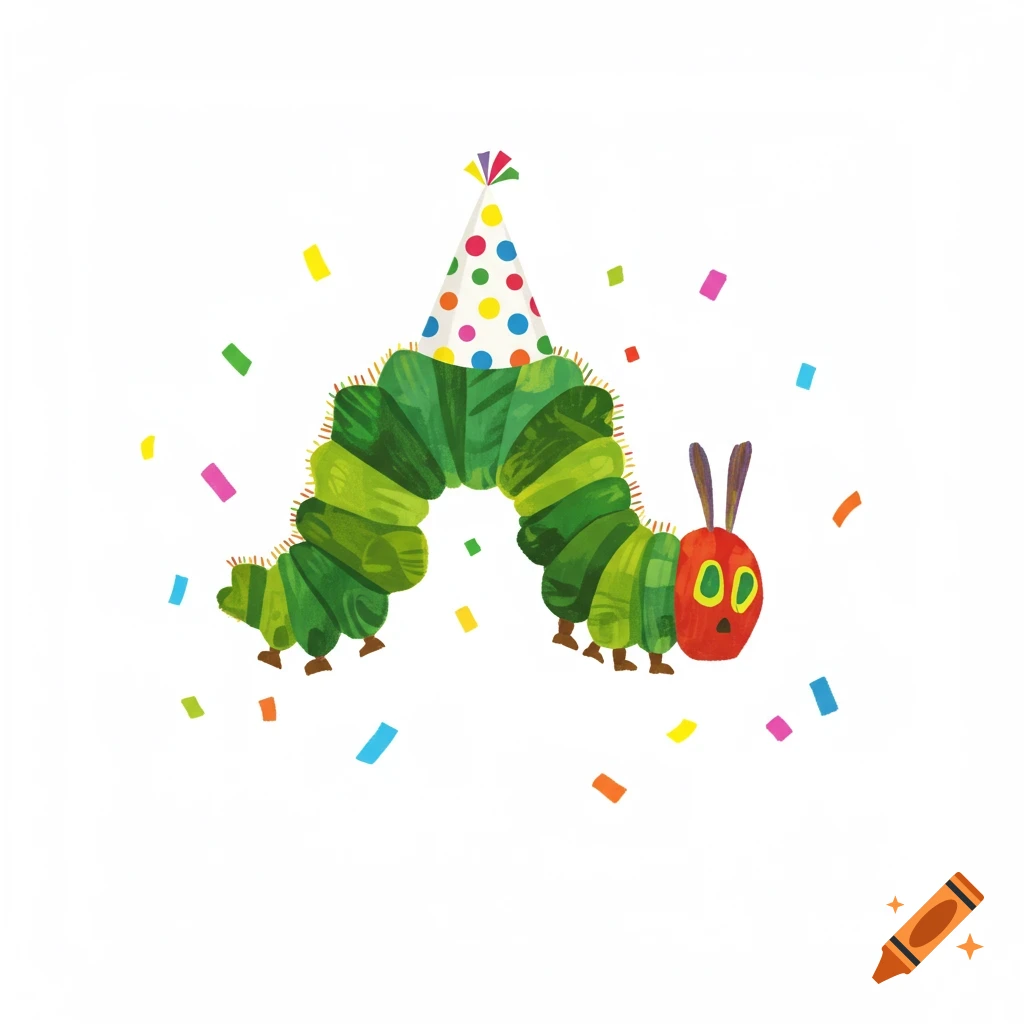 The Very Hungry Caterpillar character wearing a colorful party hat, surrounded by confetti on a white background.