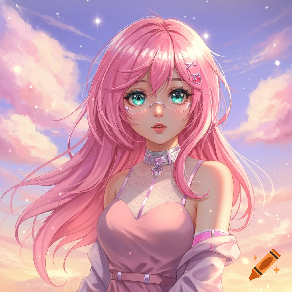 An anime illustration of a pink-haired girl with striking green eyes, wearing a pink dress, set against a pastel sky with glowing stars.