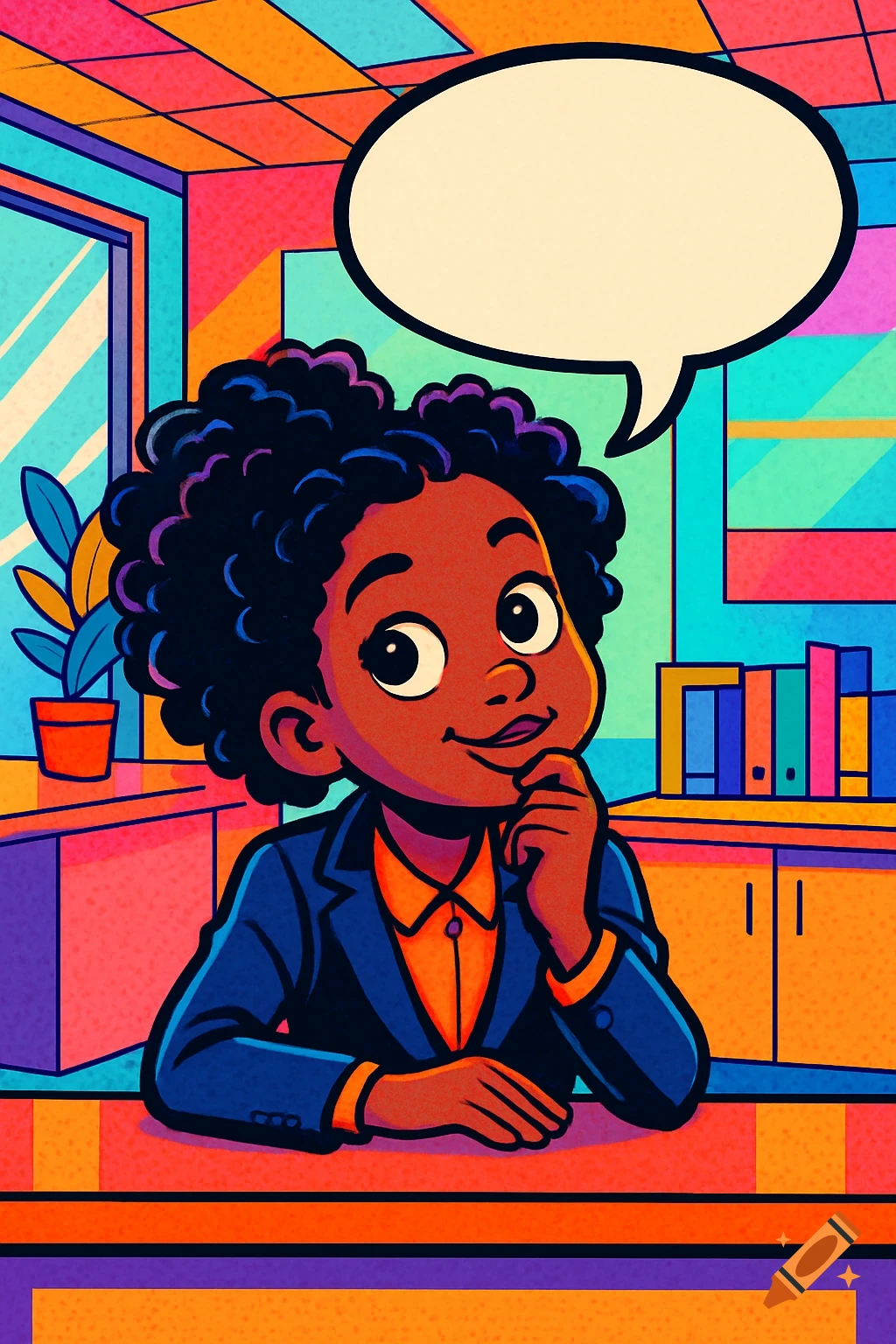 A vibrant cartoon of a smiling Black girl with curly hair, wearing a suit, sitting at a desk with an empty speech bubble above her head. The background is a colorful, stylized office.
