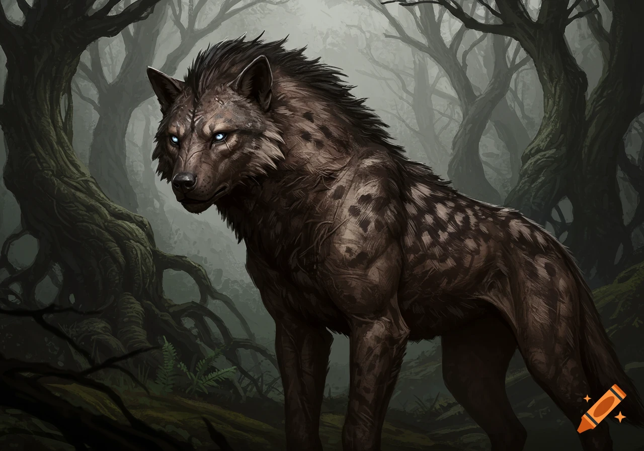 A dark brown wolf-like fantasy creature with glowing blue eyes and spotted fur stands in a misty, dark forest.