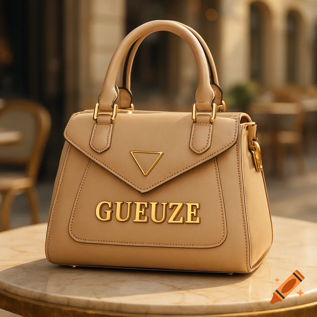 Close-up of a light beige handbag with 'GUEUZE' embossed in gold letters, sitting on a marble table outdoors. The background is blurred, showing a cafe setting.