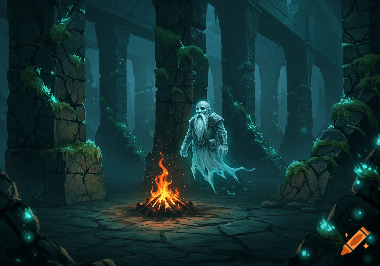 A dwarf ghost floats beside a campfire in a dark, moss-covered stone labyrinth, in a fantasy art style.
