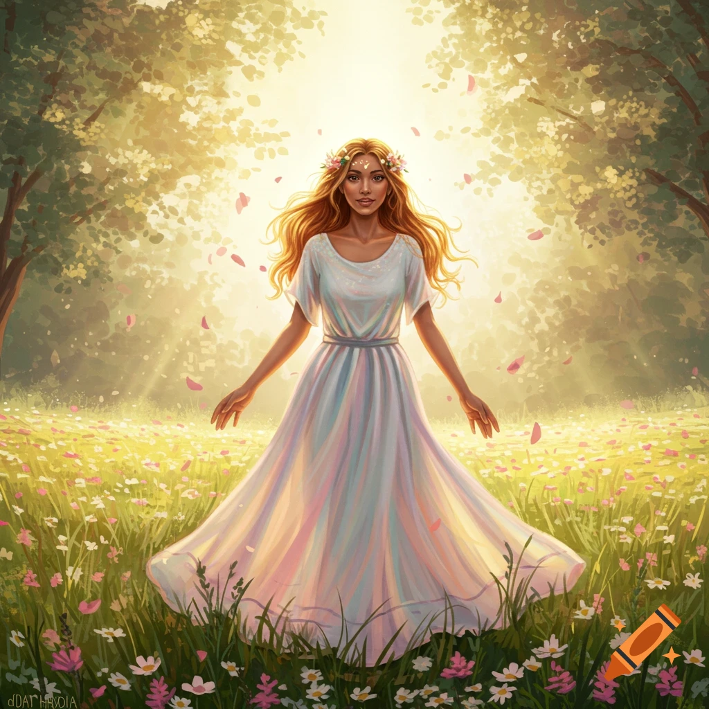 A beautiful woman with long flowing hair and a flower crown stands in a sunlit meadow of wildflowers, wearing a white flowing dress.