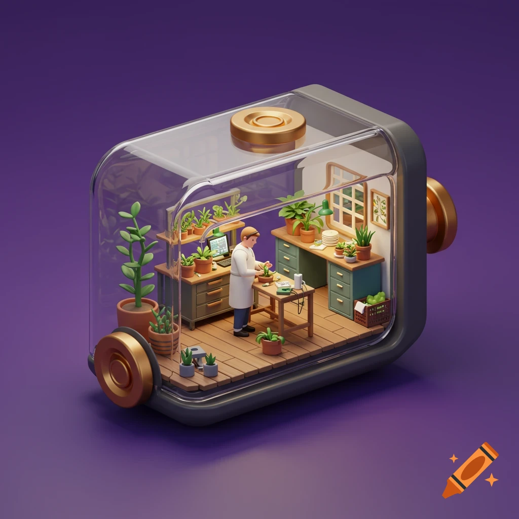 A 3D digital art piece showing a miniature scientist tending plants inside a glass battery-shaped enclosure on a purple background.