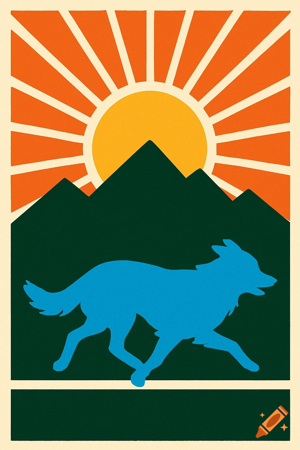 Minimalist graphic of a running blue dog silhouette against dark green mountains and an orange sunburst on a cream background.