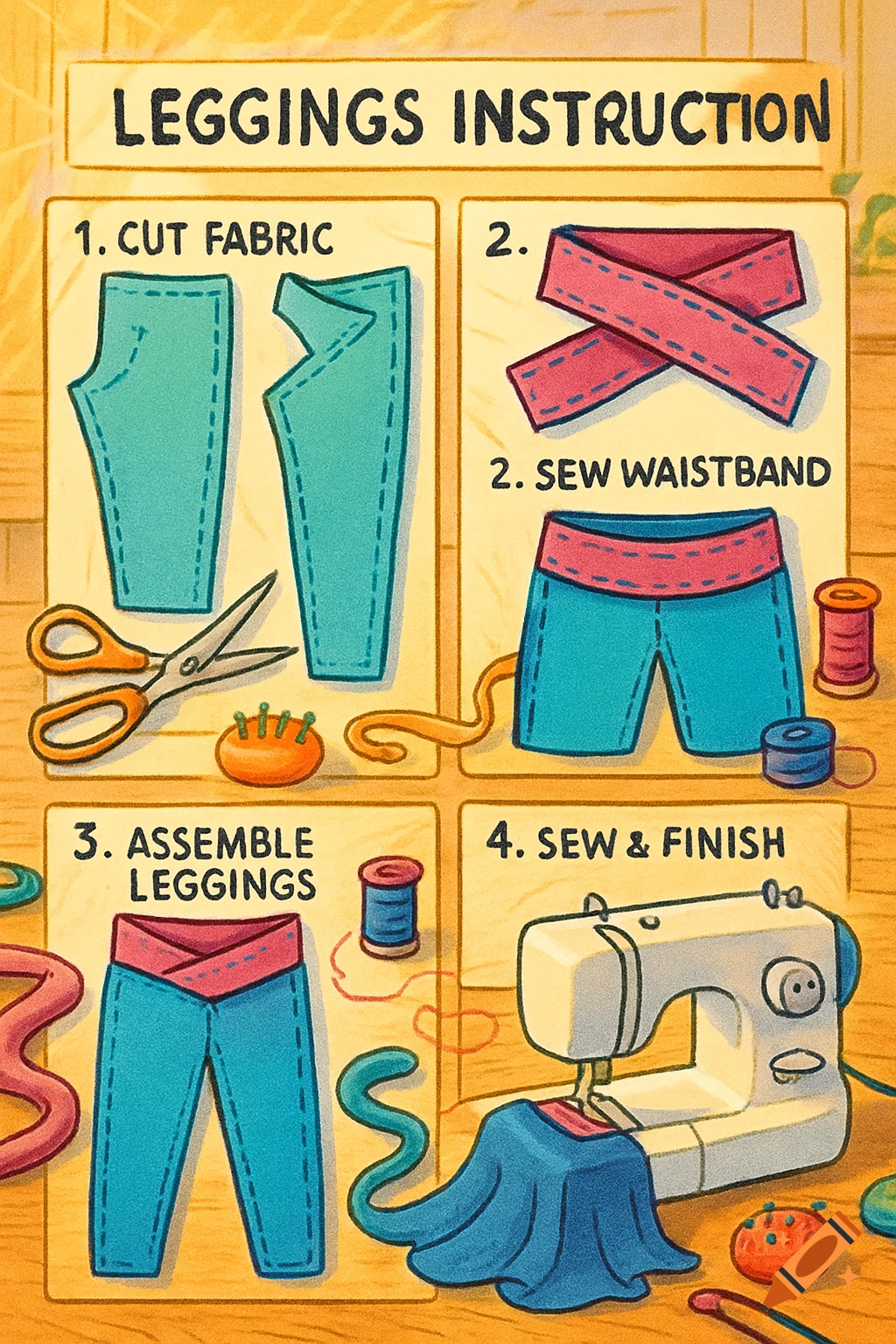 Colorful illustrated sewing instructions for leggings, showing fabric cutting, waistband sewing, assembly, and finishing.
