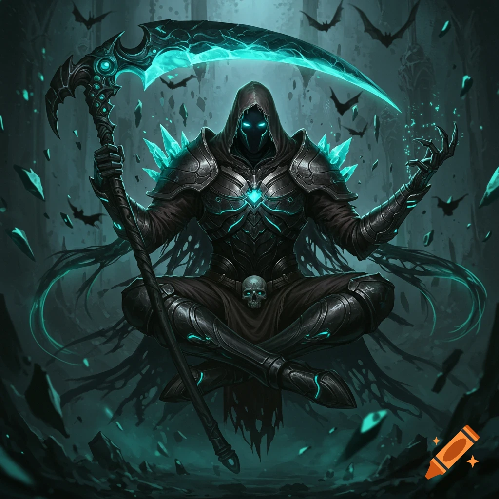 A dark futuristic warrior in black and glowing blue armor, holding a neon blue scythe, meditates in a gloomy, bat-filled environment. Dark cinematic style.