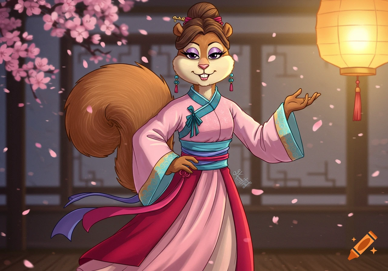 An anthropomorphic squirrel in a pink Hanfu with aqua trim, a blue wrap, and gold earrings stands surrounded by cherry blossoms and a lantern, in a cartoon style.