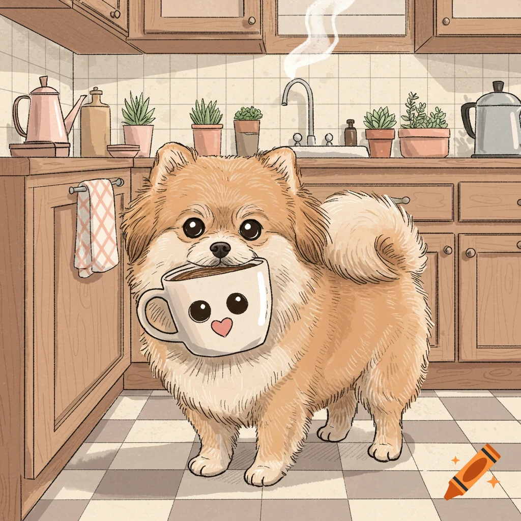 A fluffy cartoon Pomeranian-Shih Tzu mix dog holds a cute coffee mug in its mouth, standing in a kitchen.