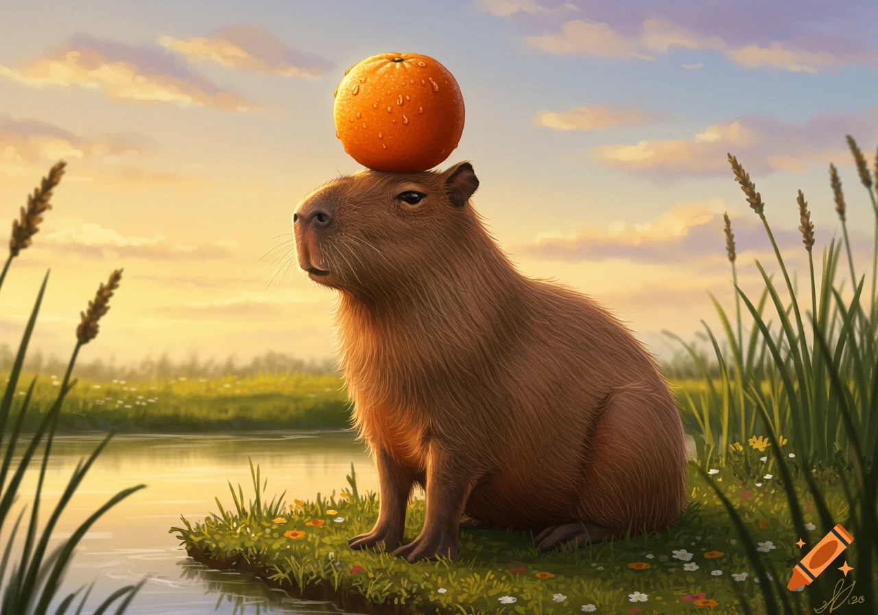 A digital painting of a capybara sitting by a lake with an orange balanced on its head at sunset.