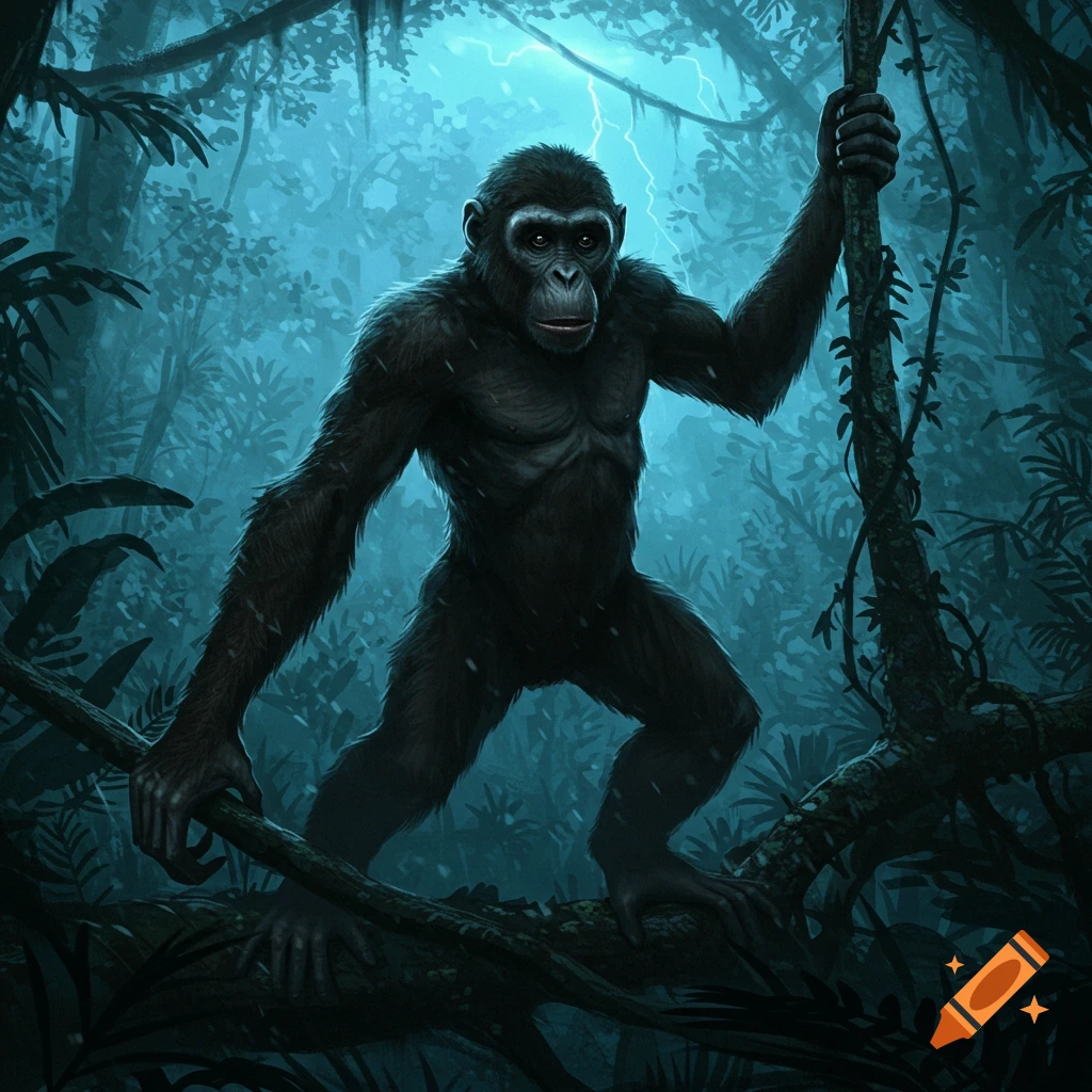 A realistic illustration of a dark, ape-like creature in a misty jungle with lightning.