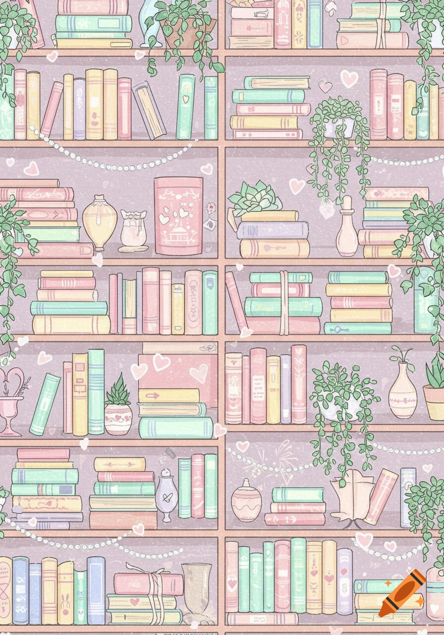 Seamless pattern of whimsical pastel bookshelves filled with books, potted plants, and subtle heart and pearl decorations.