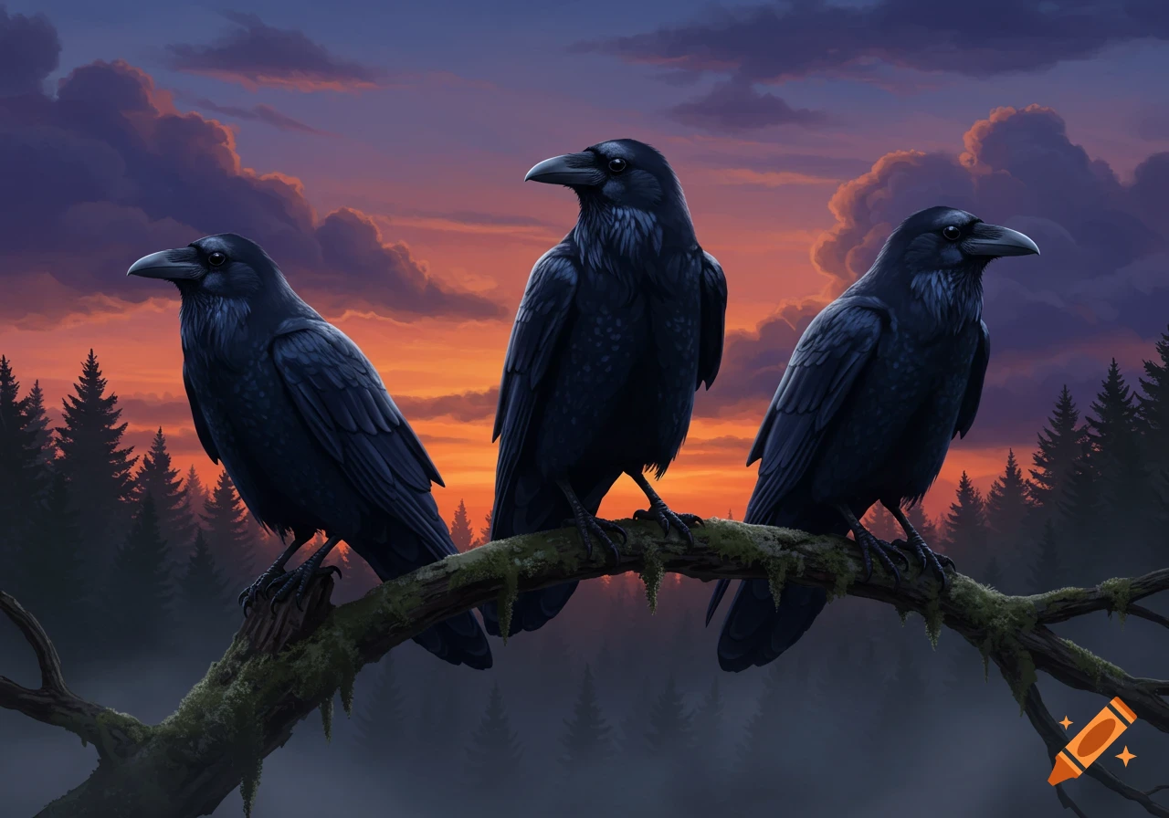 Three black ravens perch on a moss-covered branch, silhouetted against a vibrant orange and purple sunset sky over a dark forest.