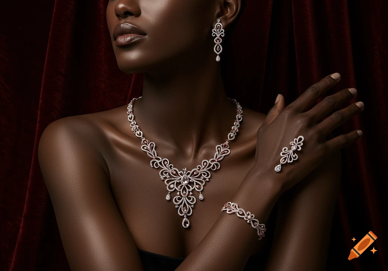 Photorealistic image of a dark-skinned model wearing an ornate diamond and ruby jewelry set against a red drape.