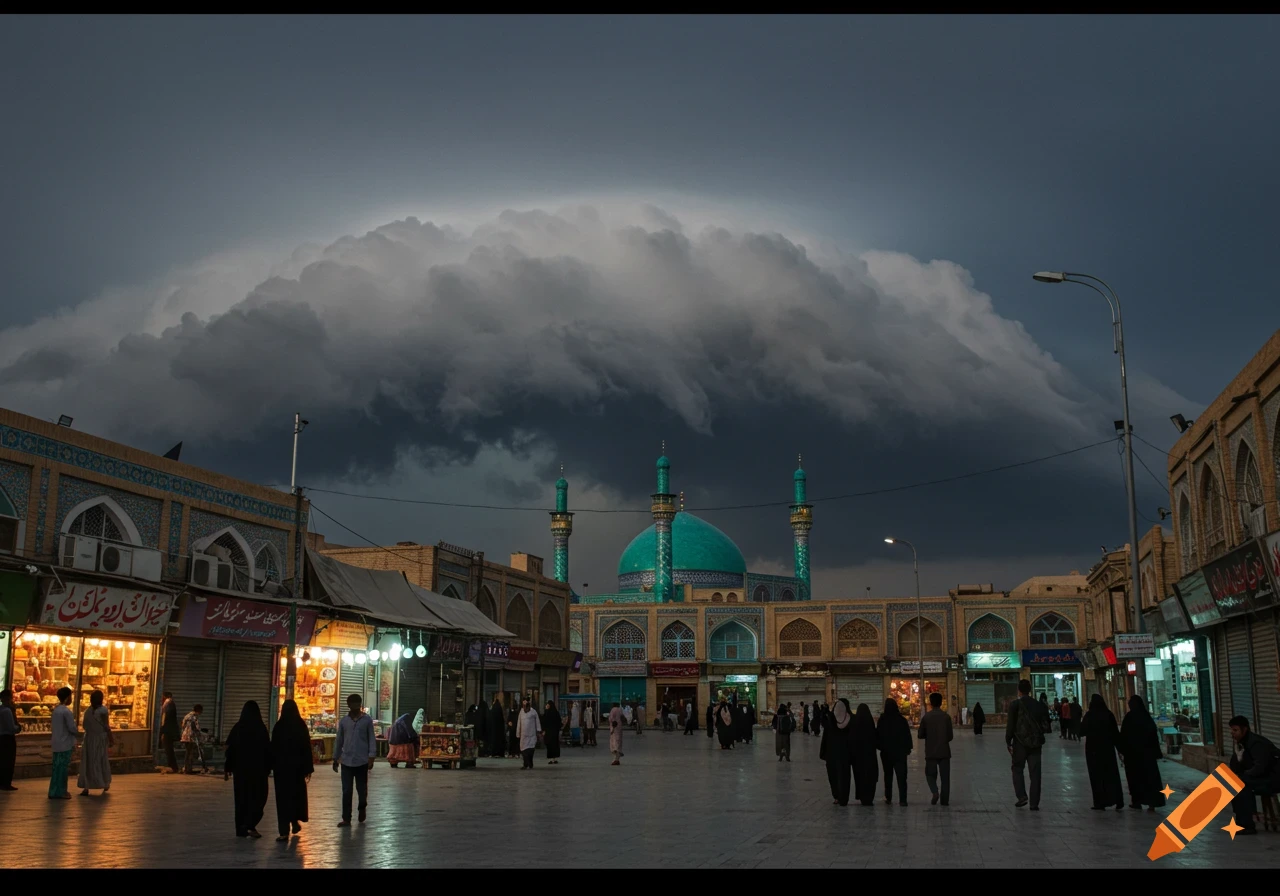 A vibrant city square with a turquoise-domed mosque, surrounded by shops, under a dramatic, dark cloudy sky at dusk.