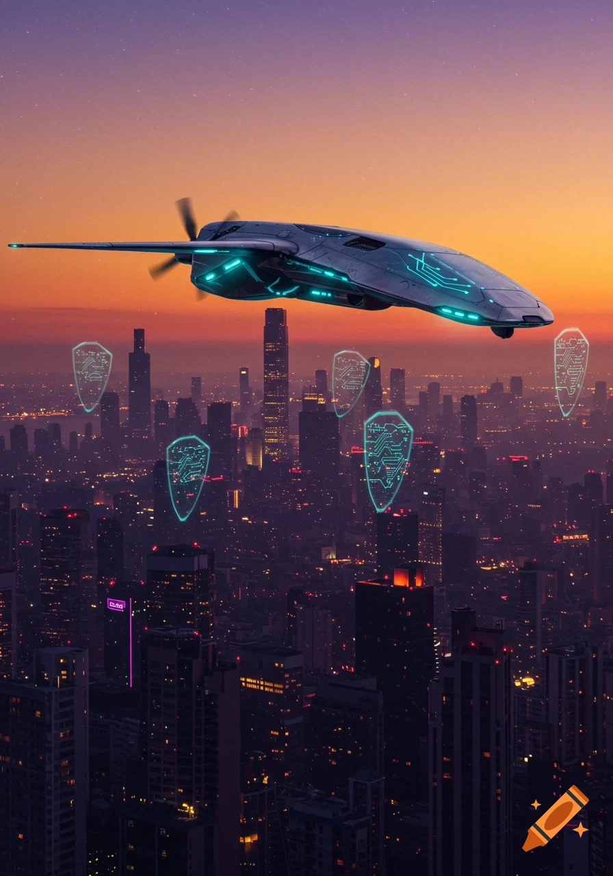 A futuristic drone flies over a neon-lit city at sunset, surrounded by glowing holographic shields depicting circuit patterns. Photorealistic style.