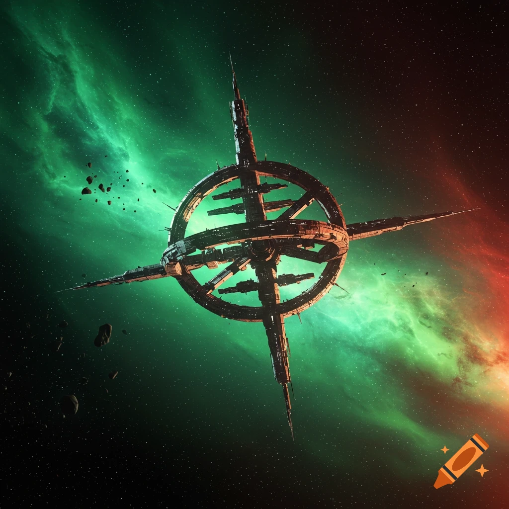 A detailed space station with a circular main structure and pointed arms, set against a vibrant green and red nebula in deep space.