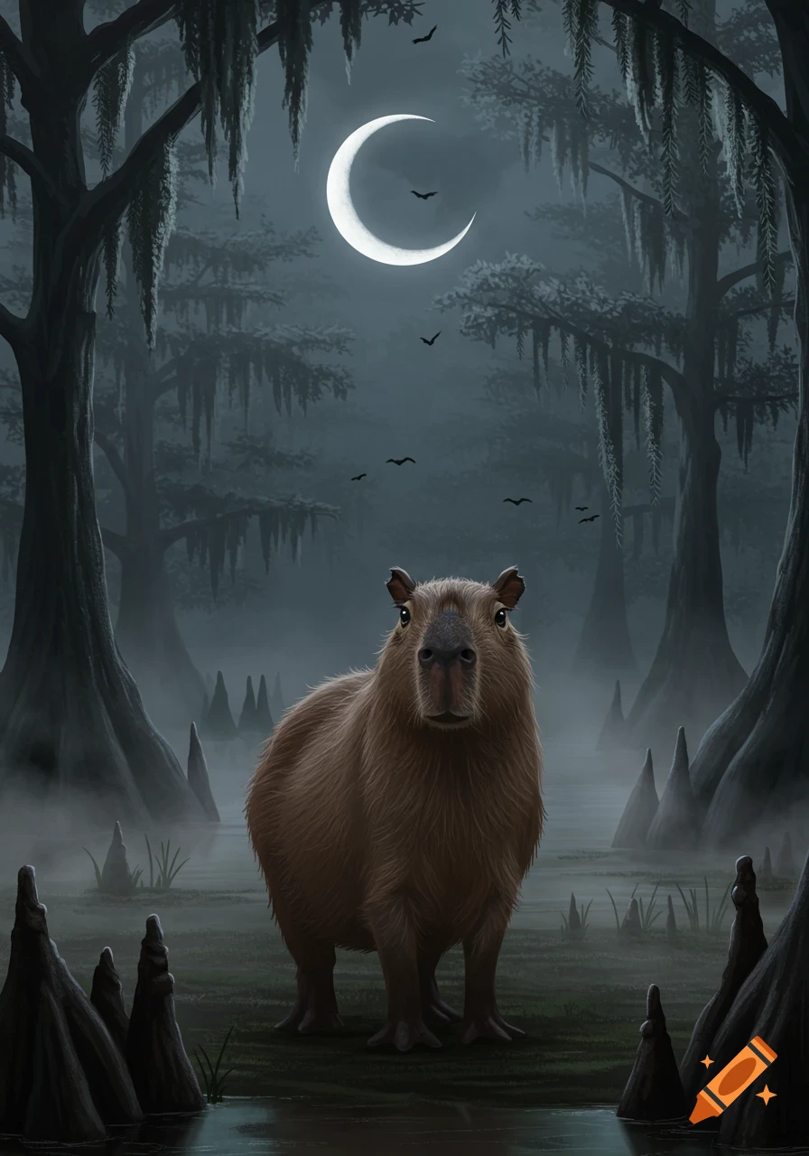A large capybara stands in a misty, dark swamp at night, under a glowing crescent moon with bats flying.