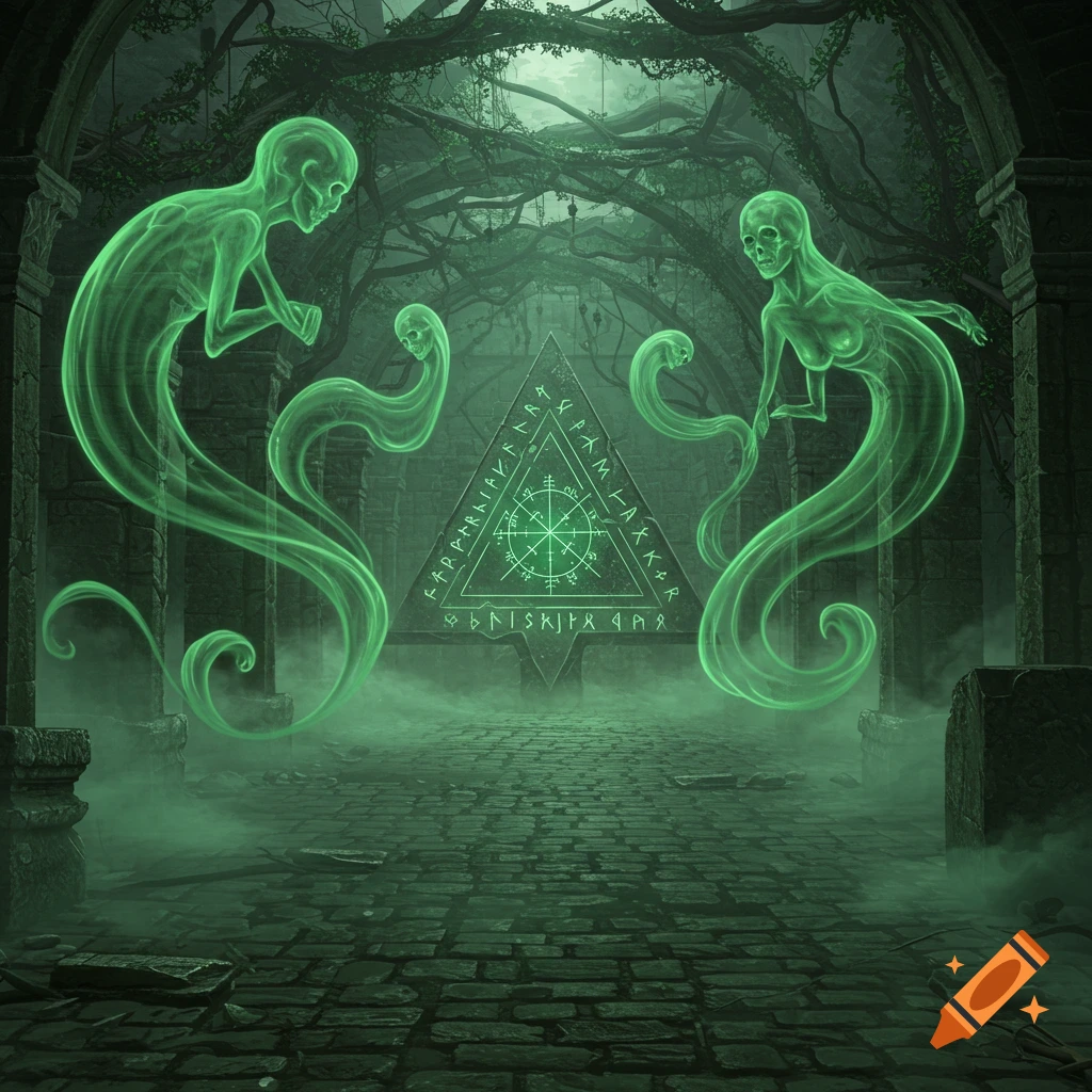 Green glowing ghosts and mist surround a mystical triangle with runes in a dark, overgrown labyrinth.