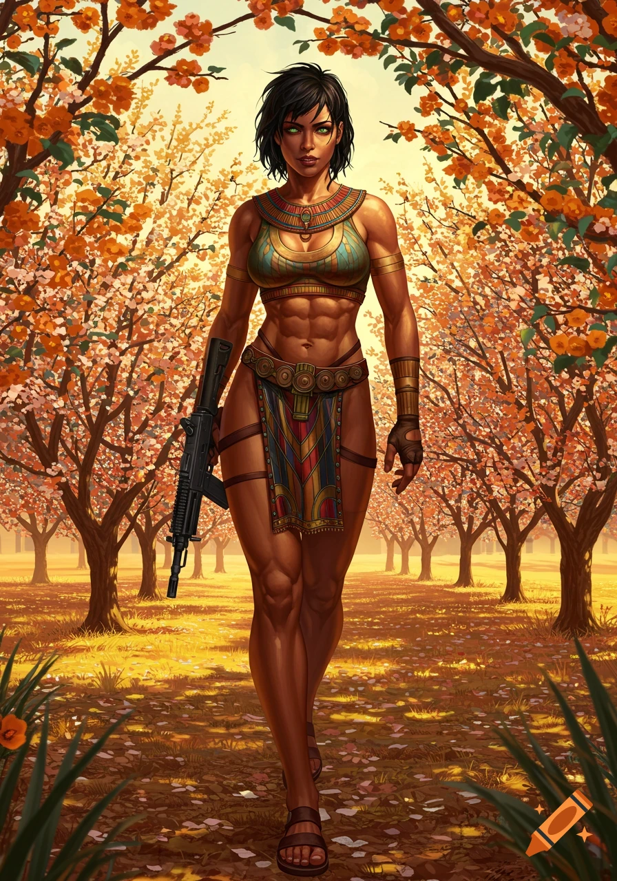 A muscular woman in Egyptian-style armor holds a submachine gun while walking through a blooming apricot orchard, digital art.