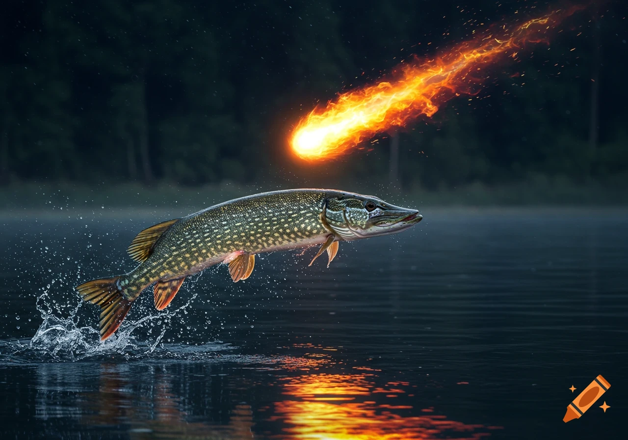 A detailed pike fish jumps from dark water under a fiery meteor streaking across a night sky with reflections on the water.